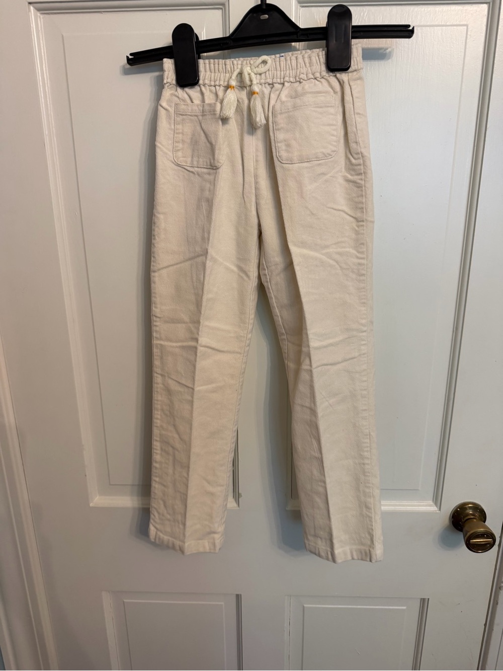 Kids Cream Drawstring Velvet Pants with Front Pockets